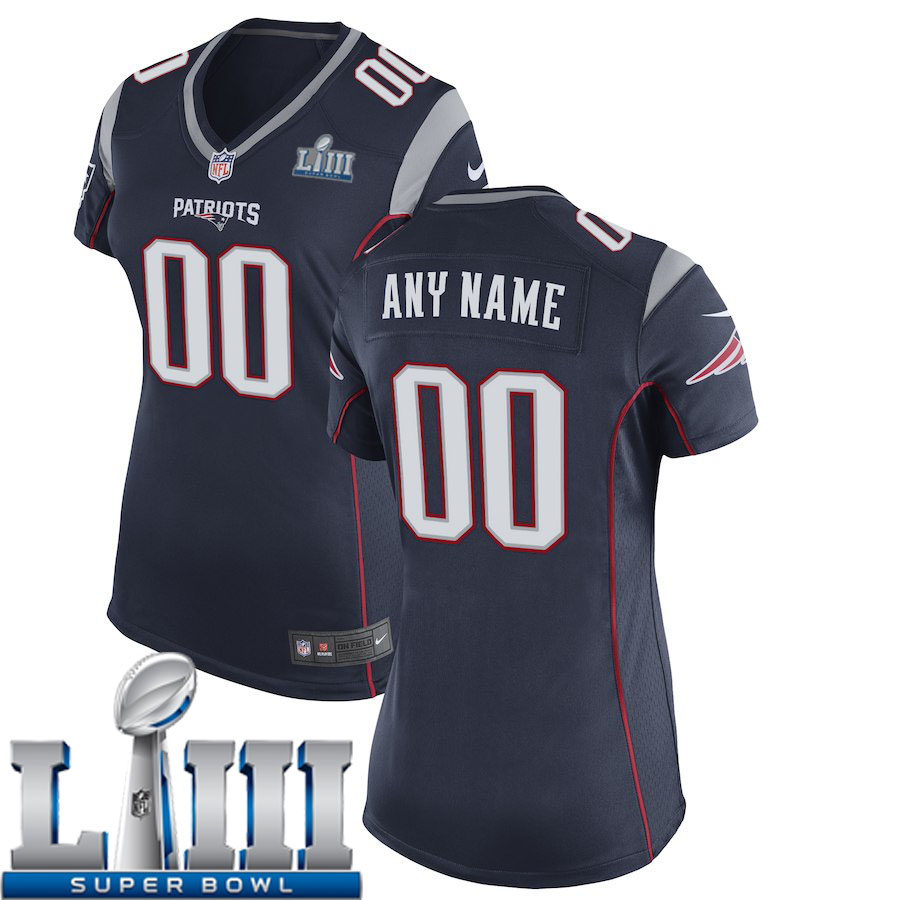 Custom Women New England Patriots Nike Navy Blue Game 2019 Super Bowl LIII NFL Jersey->women nfl jersey->Women Jersey